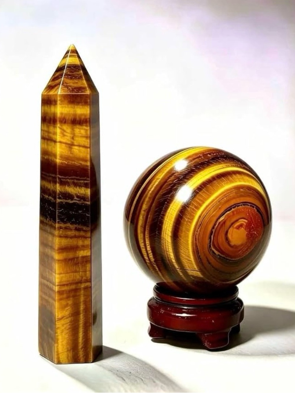 Polished Tiger's Eye Sphere and Obelisk Set